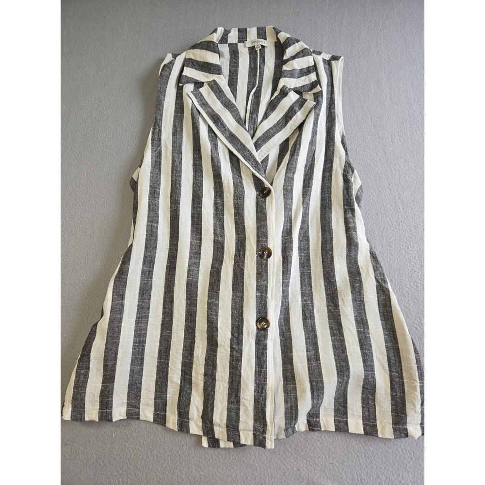 Umgee Sleeveless Button Down Vest Top Womens 1XL Black White Striped Linen Blend